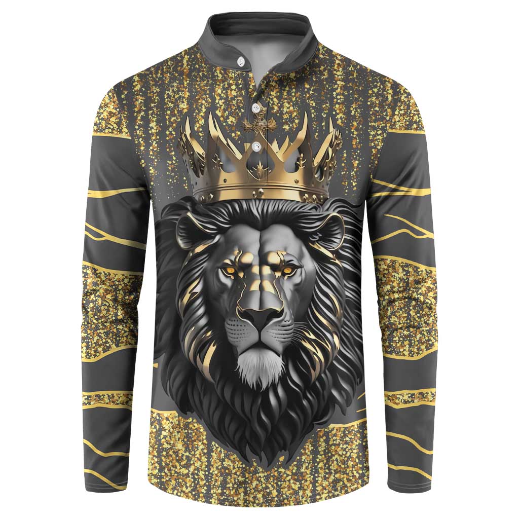 Dark gray lion-print button sweatshirt with gold crown and stripes
