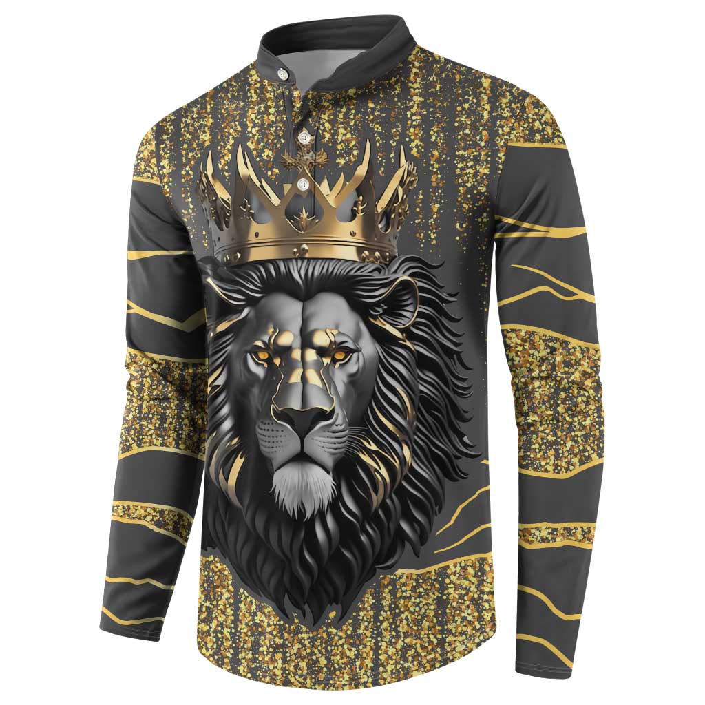 Dark gray lion-print button sweatshirt with gold crown, front view