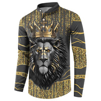 Dark gray lion-print button sweatshirt with gold crown, front view
