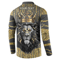 Dark gray lion-print button sweatshirt with gold crown and 'YOUR TEXT' back