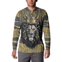 Dark gray lion-print button sweatshirt with gold crown, worn