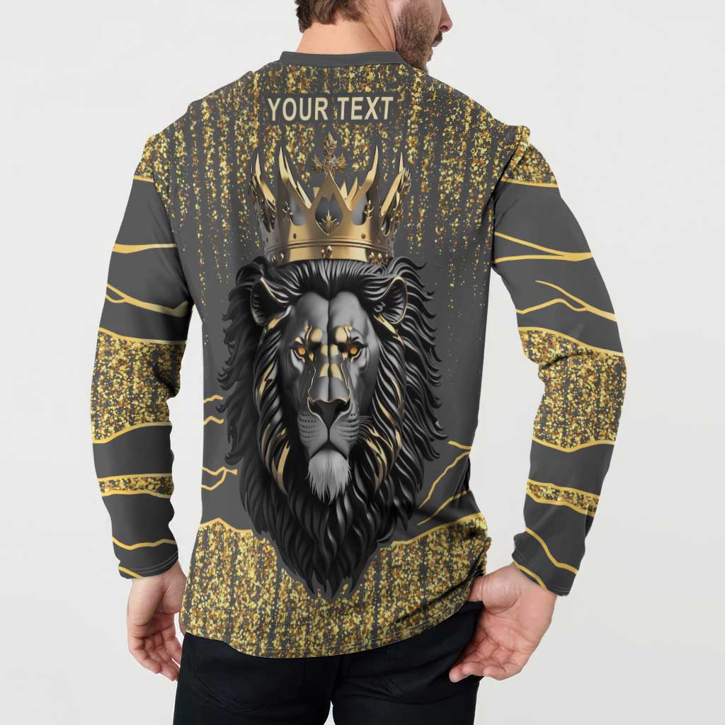 Dark gray lion-print button sweatshirt with gold crown and 'YOUR TEXT' back view