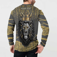 Dark gray lion-print button sweatshirt with gold crown and 'YOUR TEXT' back view