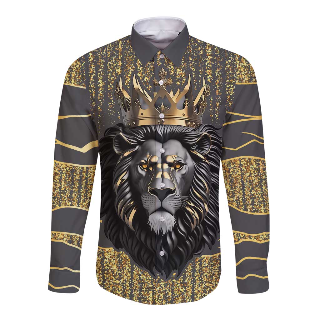 Long-sleeve button shirt in dark gray with gold lion and crown graphic