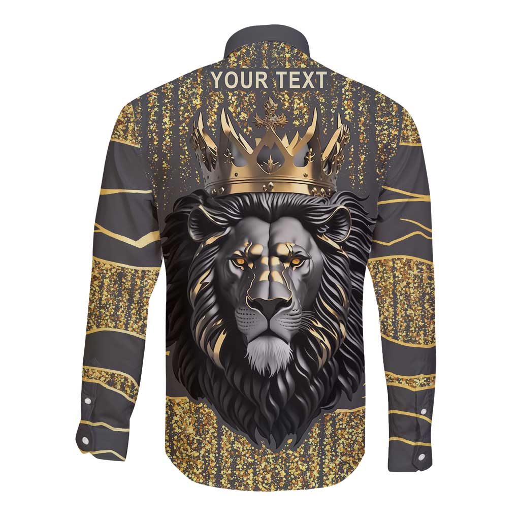 Long-sleeve button shirt, dark gray, gold lion crown graphic on back with 'YOUR TEXT'