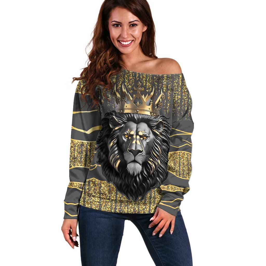 Personalized Black and Gold Lion Off Shoulder Sweater King Africa - Wonder Print Shop