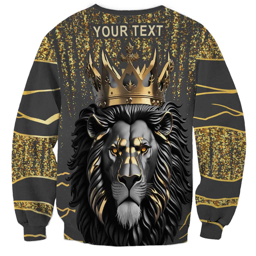 Dark gray sweatshirt with back gold crown lion graphic and YOUR TEXT lettering