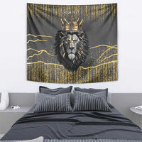 Black and gold lion head wall tapestry with gold crown and wavy gold lines