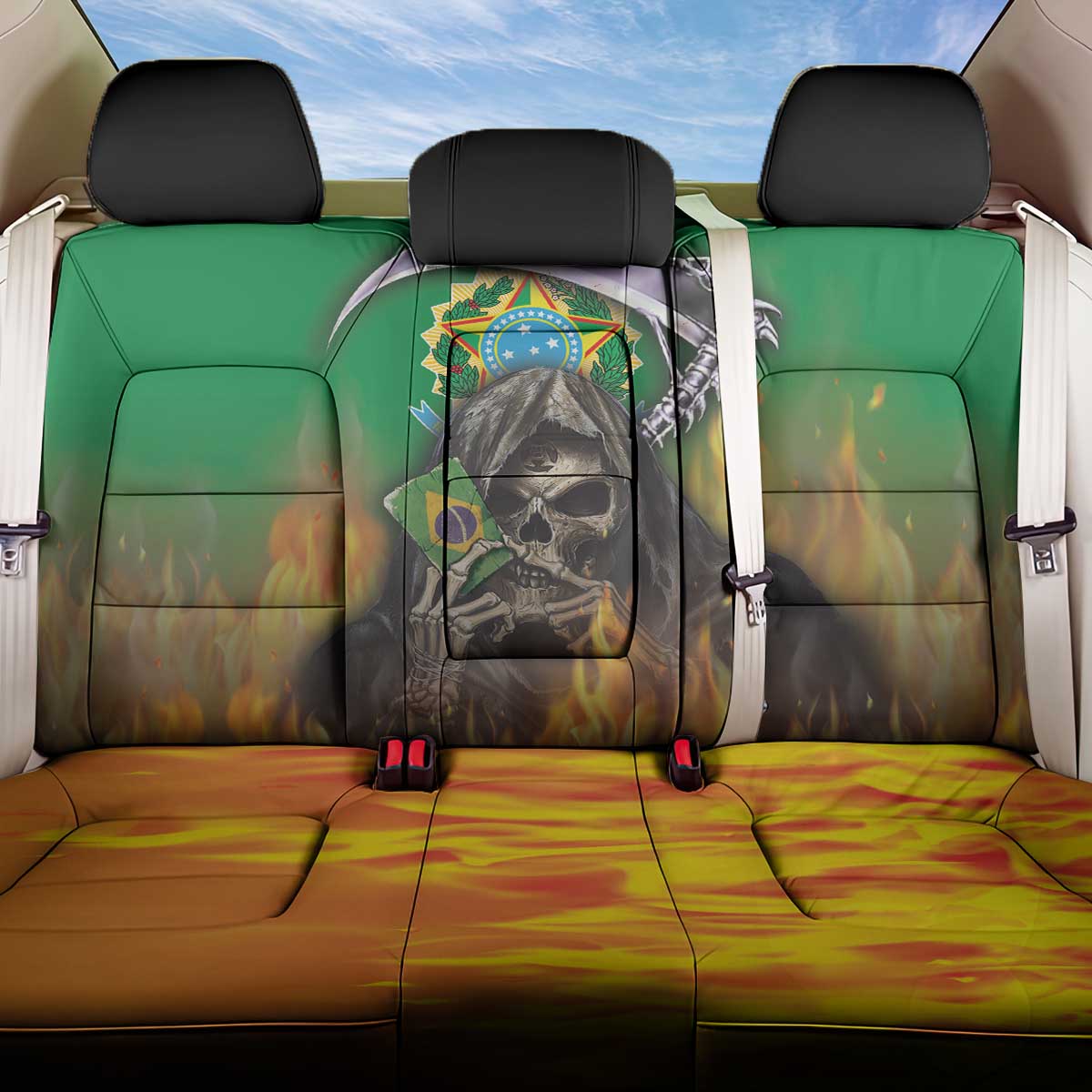 Brazil Hoodie Back Car Seat Cover Brazil Reaper Skull Fire - Wonder Print Shop