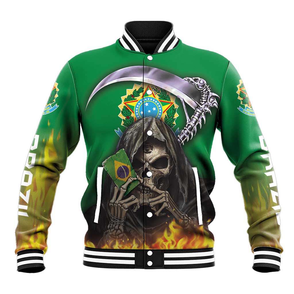 Green hooded varsity jacket with striped collar and large skull graphic on front