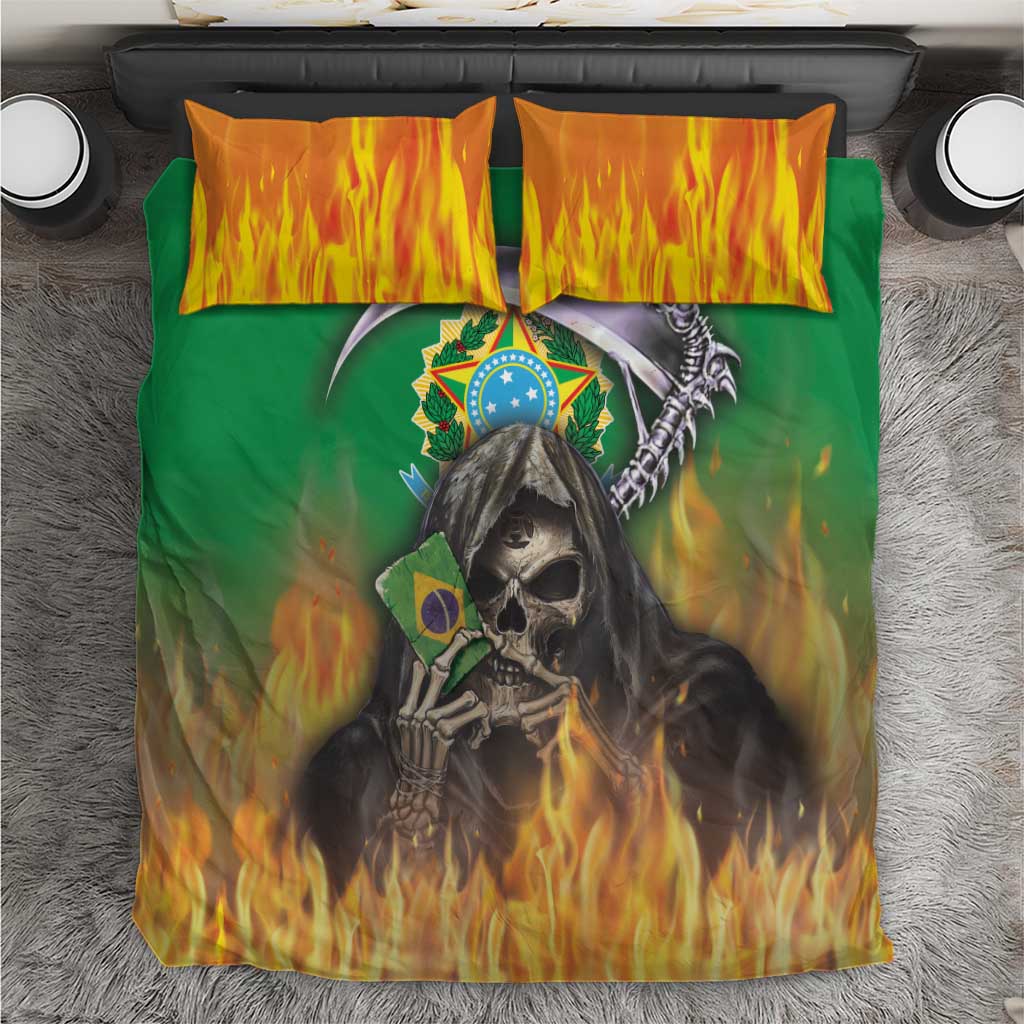 Green bedding set with flaming skull graphic and Brazilian flag on duvet, two pillows