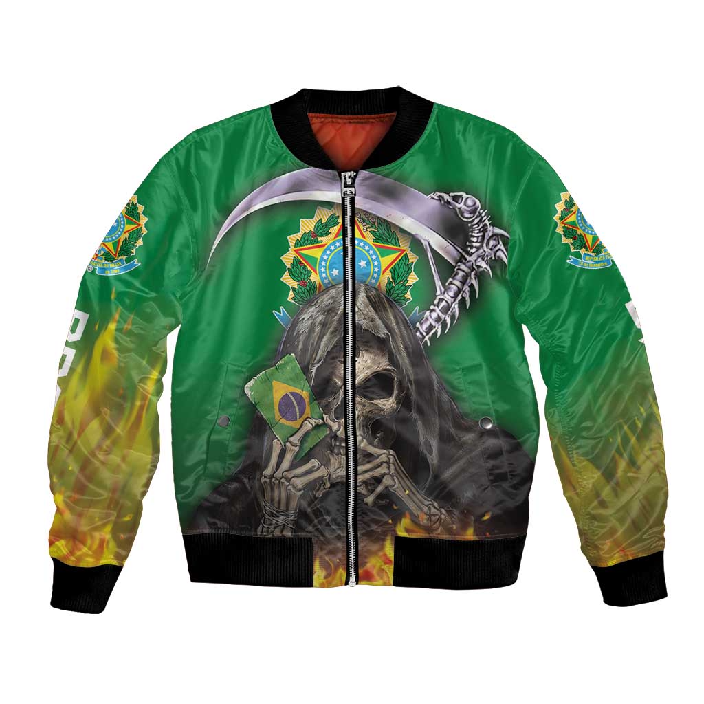 Unisex green bomber jacket with skull and fire graphic, front zipper and ribbed cuffs