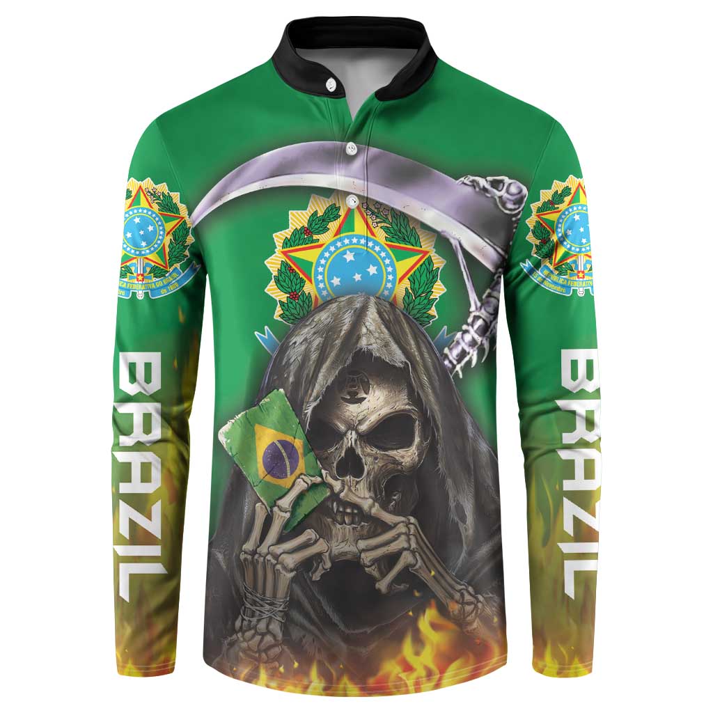 Green button sweatshirt with skull reaper front graphic and long sleeves