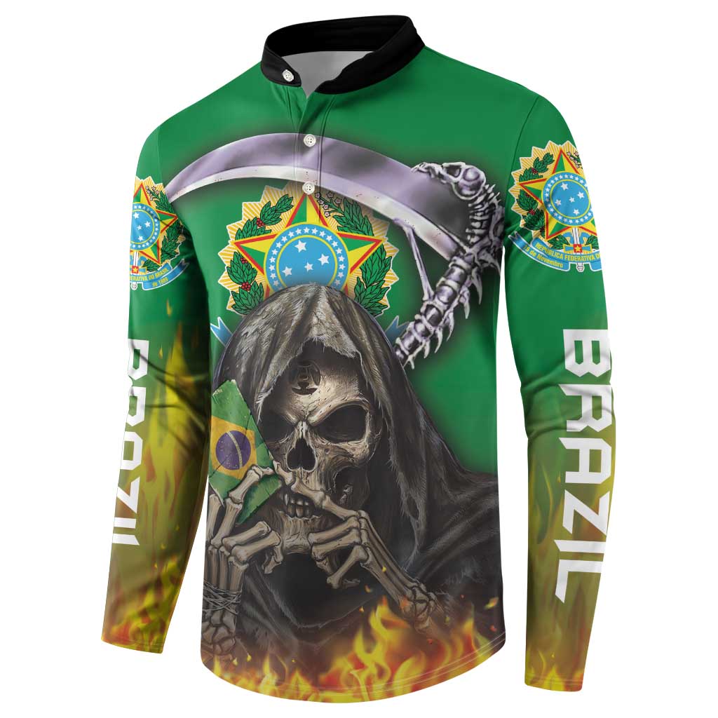 Green button sweatshirt with front skull reaper graphic, button placket, long sleeves