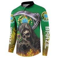 Green button sweatshirt with front skull reaper graphic, button placket, long sleeves