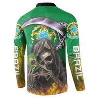 Green button sweatshirt with skull reaper back graphic and arched halo design
