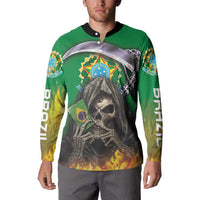 Green button sweatshirt with skull reaper front graphic and button placket