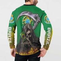 Green button sweatshirt with skull reaper back graphic and vertical sleeve text