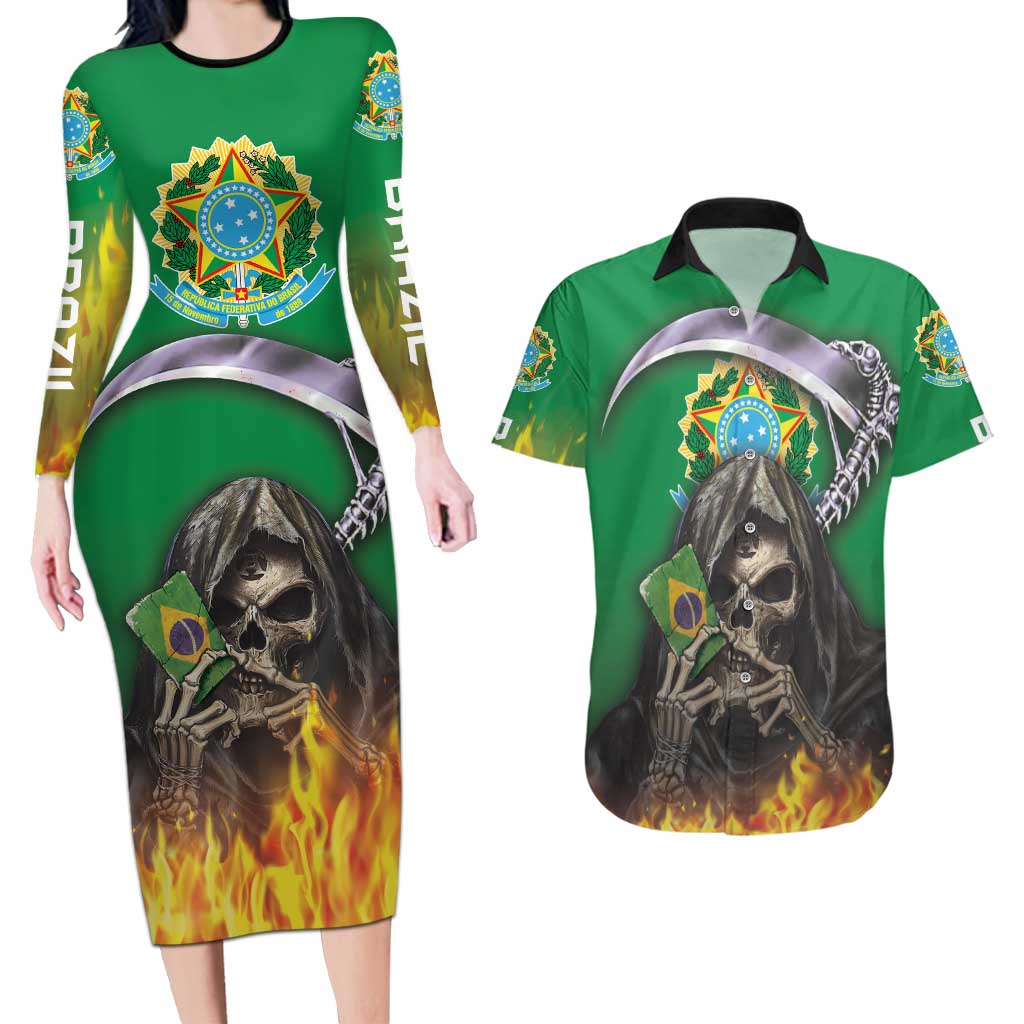 Brazil Hoodie Couples Matching Long Sleeve Bodycon Dress and Hawaiian Shirt Brazil Reaper Skull Fire - Wonder Print Shop