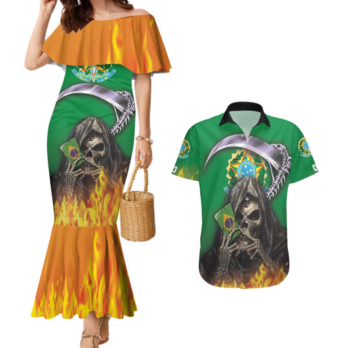 Brazil Hoodie Couples Matching Mermaid Dress and Hawaiian Shirt Brazil Reaper Skull Fire - Wonder Print Shop