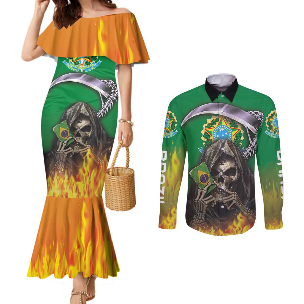 Brazil Hoodie Couples Matching Mermaid Dress and Long Sleeve Button Shirt Brazil Reaper Skull Fire