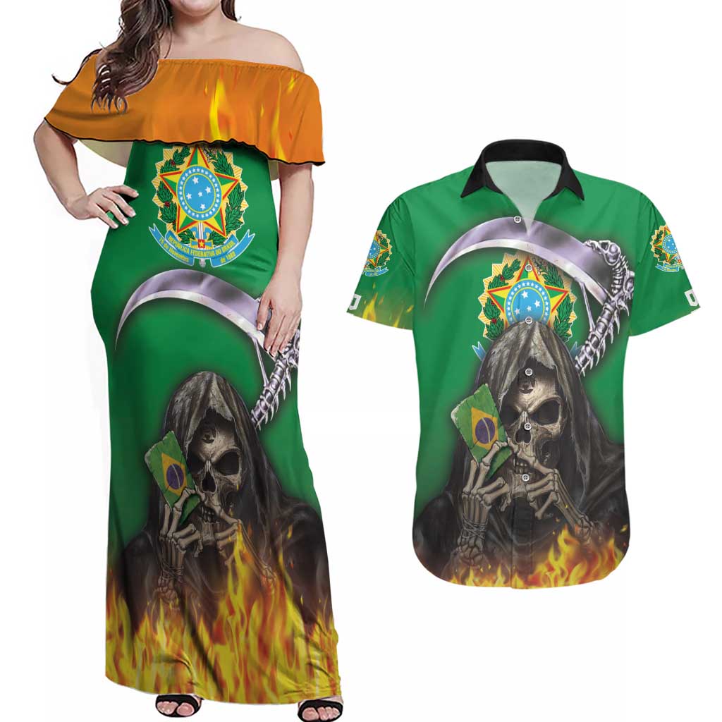 Brazil Hoodie Couples Matching Off Shoulder Maxi Dress and Hawaiian Shirt Brazil Reaper Skull Fire - Wonder Print Shop