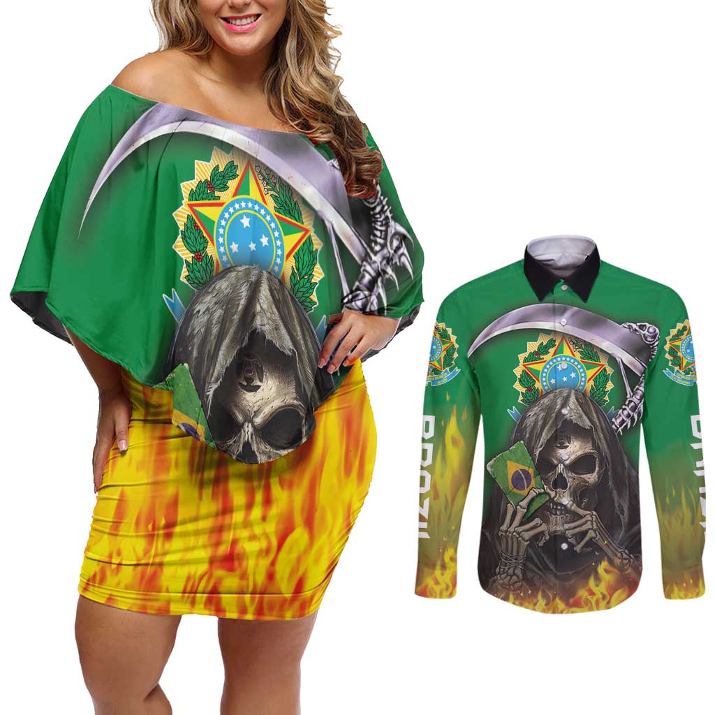 Brazil Hoodie Couples Matching Off Shoulder Short Dress and Long Sleeve Button Shirt Brazil Reaper Skull Fire - Wonder Print Shop