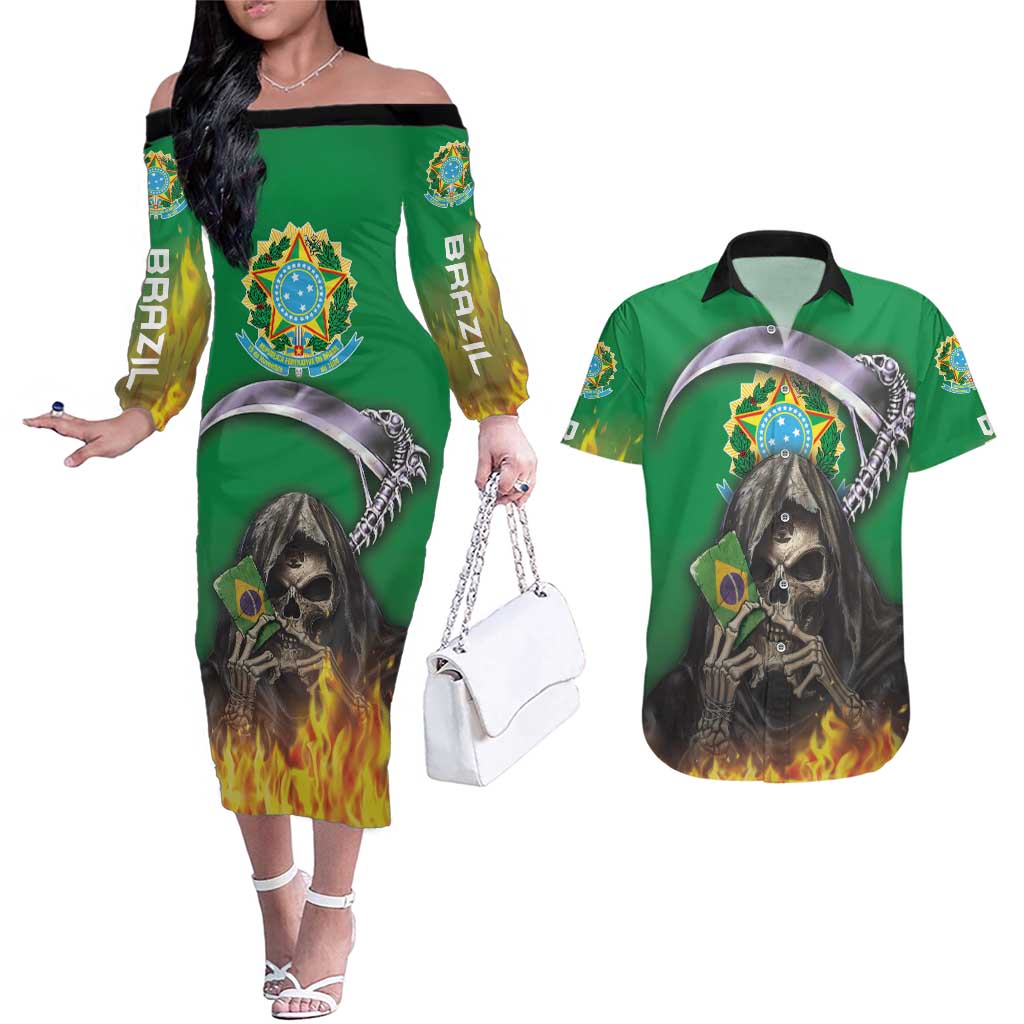 Brazil Hoodie Couples Matching Off The Shoulder Long Sleeve Dress and Hawaiian Shirt Brazil Reaper Skull Fire - Wonder Print Shop