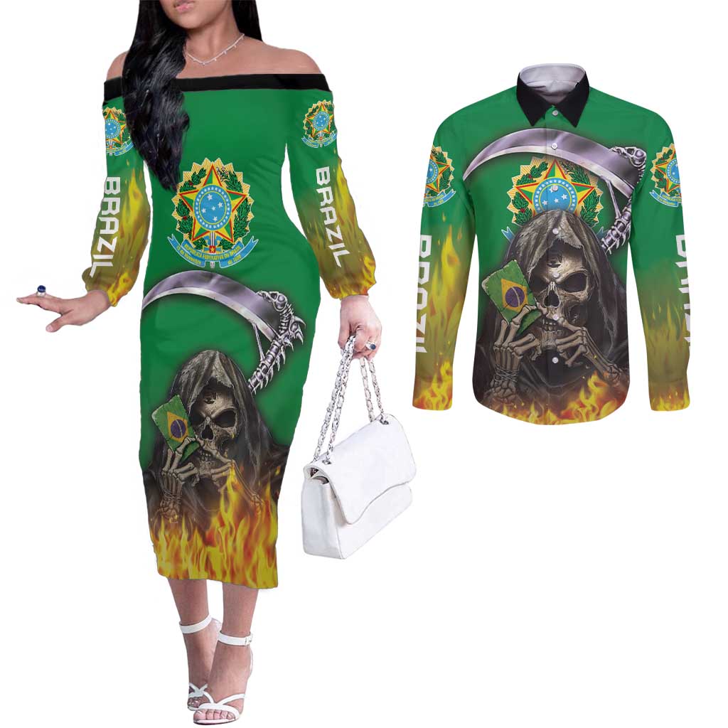 Brazil Hoodie Couples Matching Off The Shoulder Long Sleeve Dress and Long Sleeve Button Shirt Brazil Reaper Skull Fire