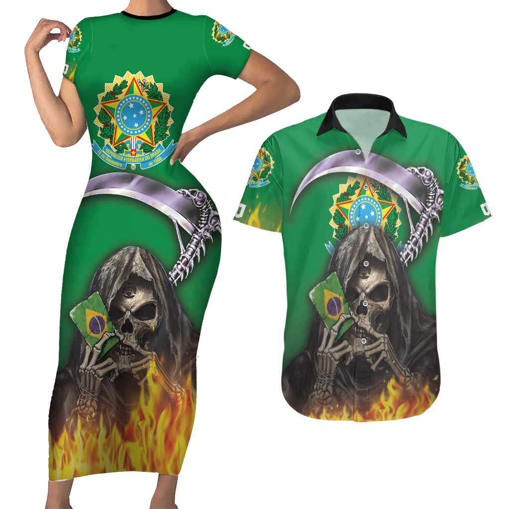 Brazil Hoodie Couples Matching Short Sleeve Bodycon Dress and Hawaiian Shirt Brazil Reaper Skull Fire - Wonder Print Shop