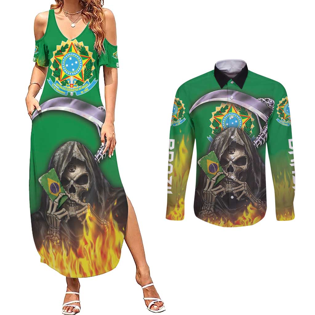 Brazil Hoodie Couples Matching Summer Maxi Dress and Long Sleeve Button Shirt Brazil Reaper Skull Fire - Wonder Print Shop