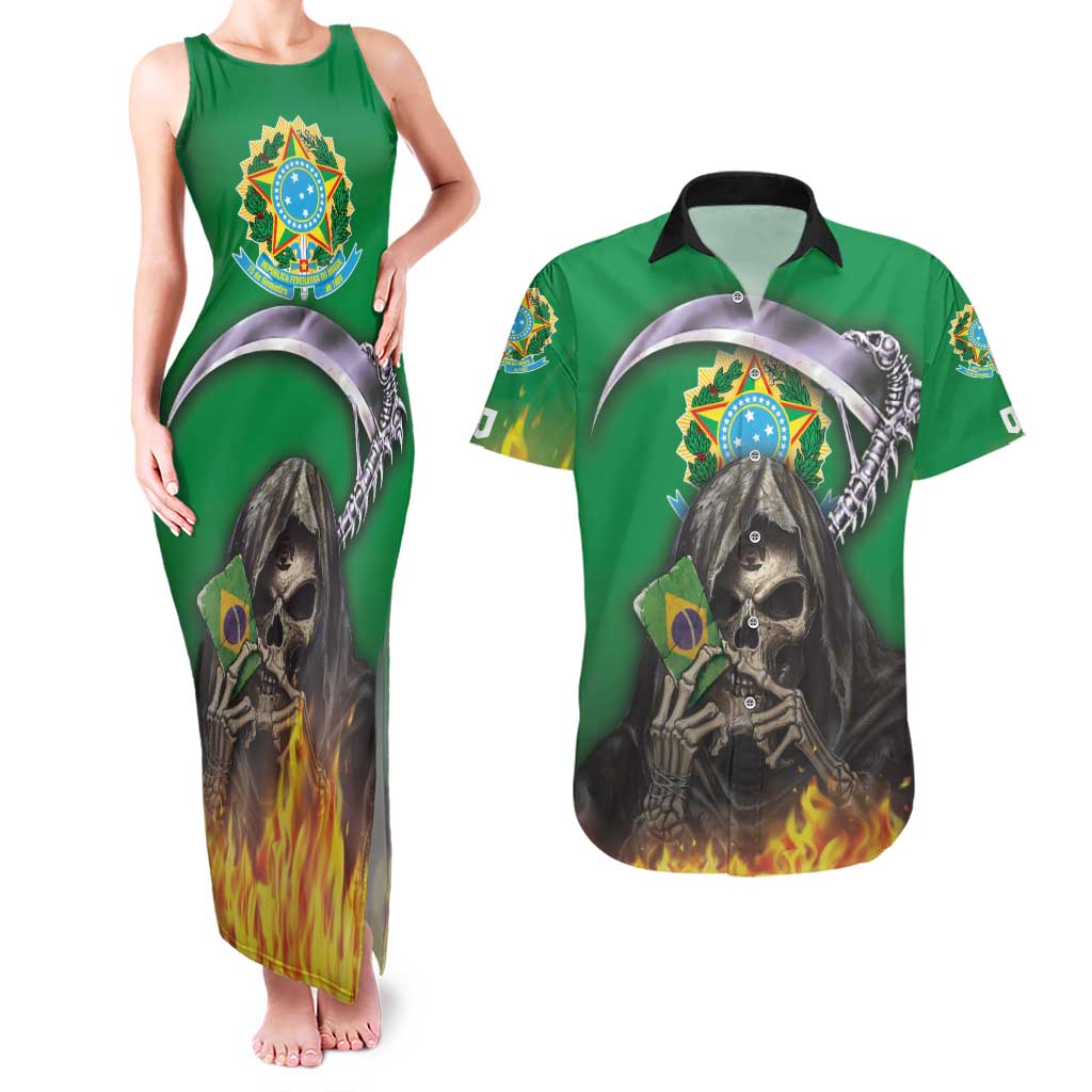 Brazil Hoodie Couples Matching Tank Maxi Dress and Hawaiian Shirt Brazil Reaper Skull Fire - Wonder Print Shop