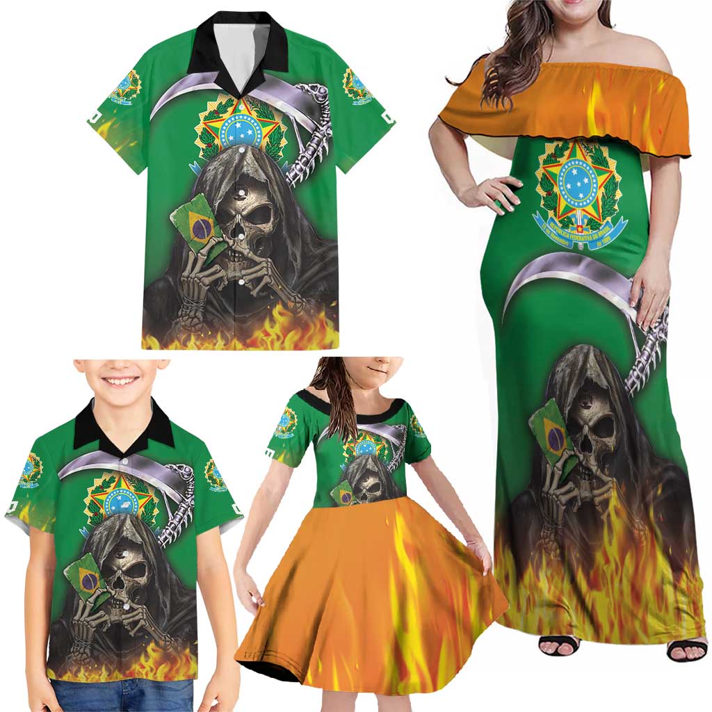 Brazil Hoodie Family Matching Off Shoulder Maxi Dress and Hawaiian Shirt Brazil Reaper Skull Fire - Wonder Print Shop