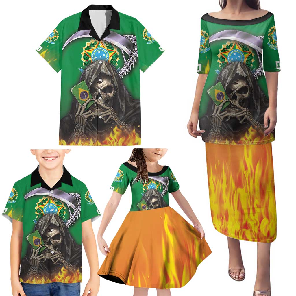 Brazil Hoodie Family Matching Puletasi and Hawaiian Shirt Brazil Reaper Skull Fire - Wonder Print Shop