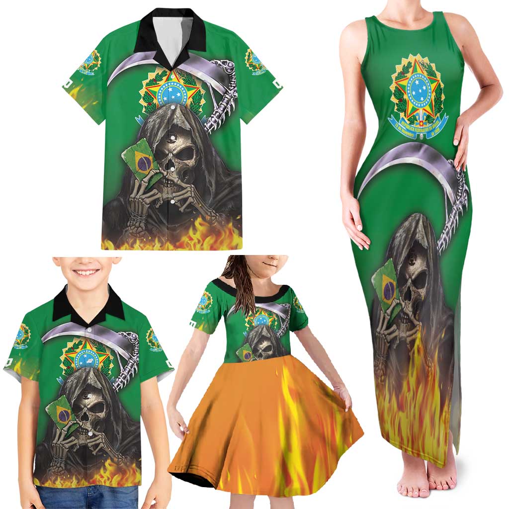 Brazil Hoodie Family Matching Tank Maxi Dress and Hawaiian Shirt Brazil Reaper Skull Fire - Wonder Print Shop