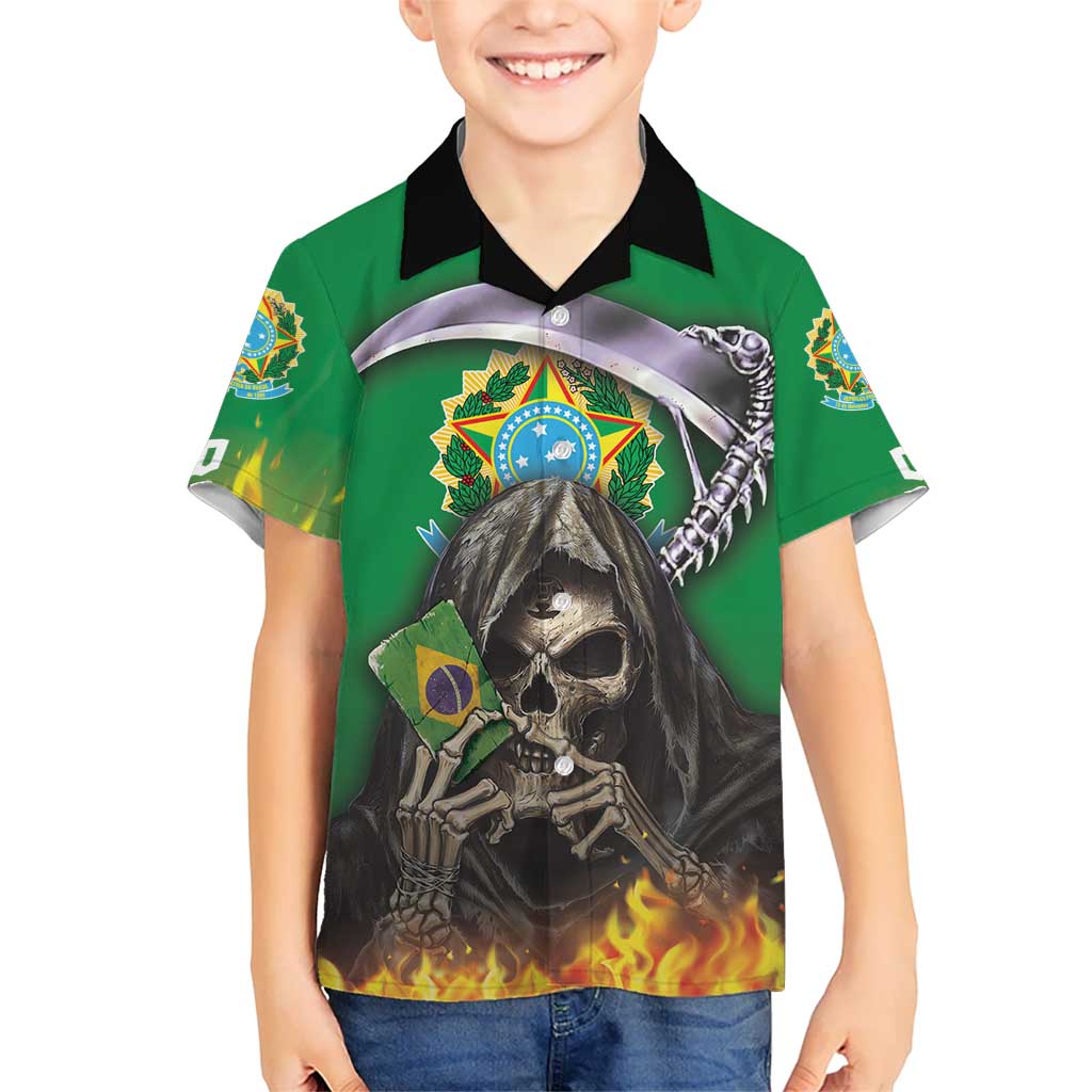 Brazil Hoodie Kid Hawaiian Shirt Brazil Reaper Skull Fire - Wonder Print Shop