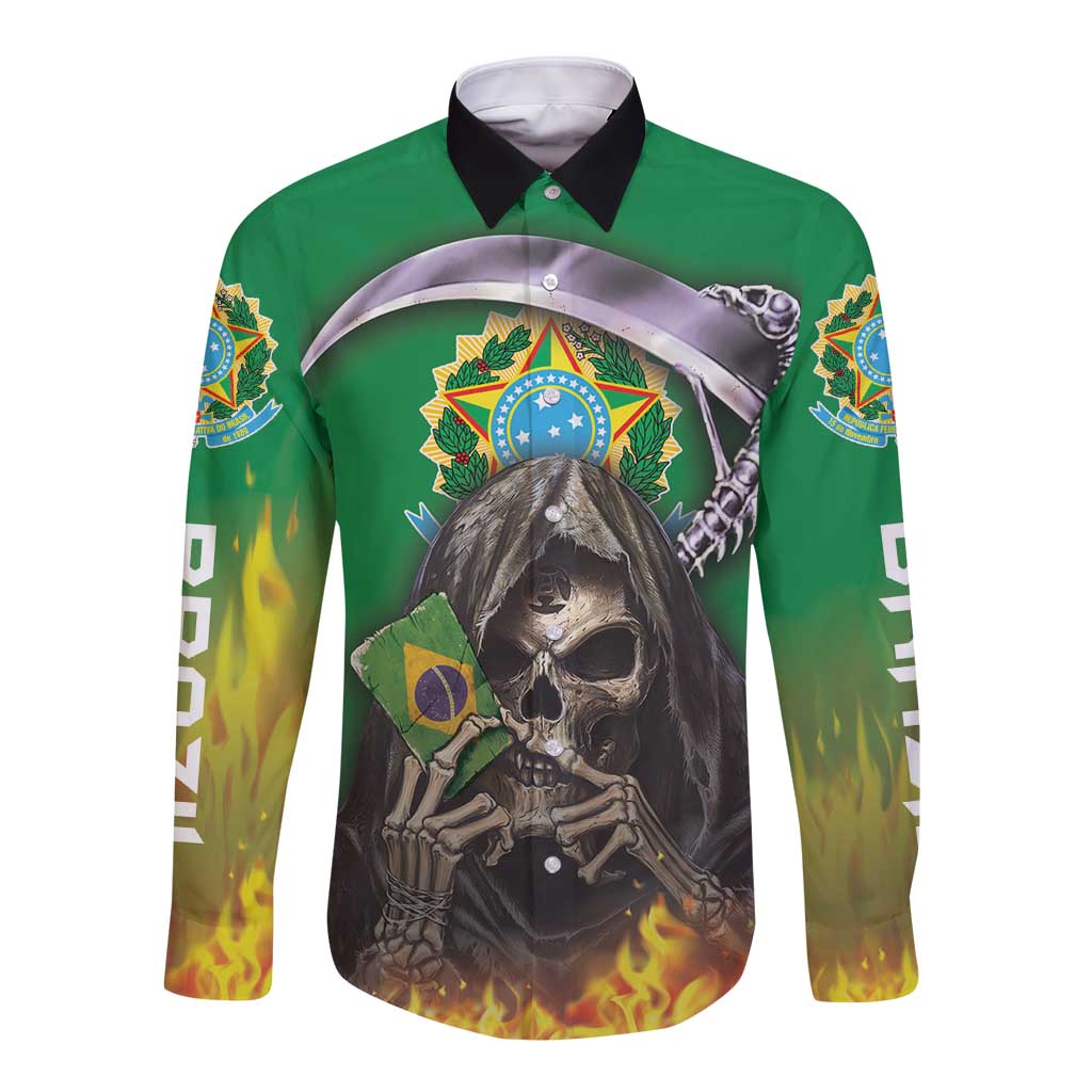 Brazil Hoodie Long Sleeve Button Shirt Brazil Reaper Skull Fire - Wonder Print Shop