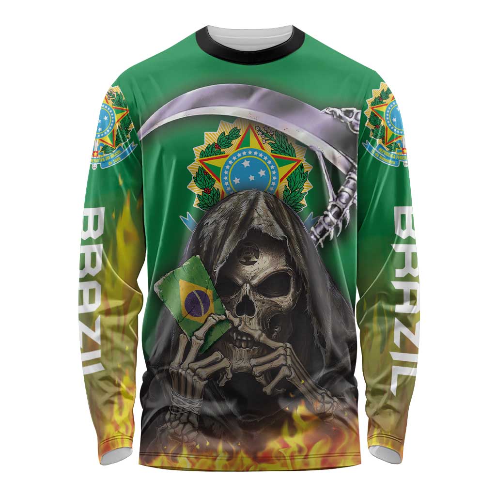 Brazil Hoodie Long Sleeve Shirt Brazil Reaper Skull Fire - Wonder Print Shop