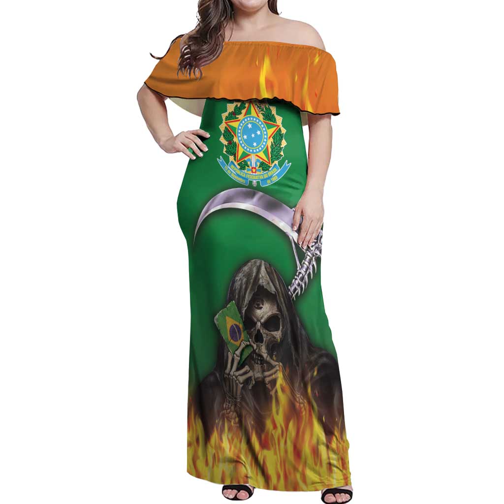 Brazil Hoodie Off Shoulder Maxi Dress Brazil Reaper Skull Fire - Wonder Print Shop