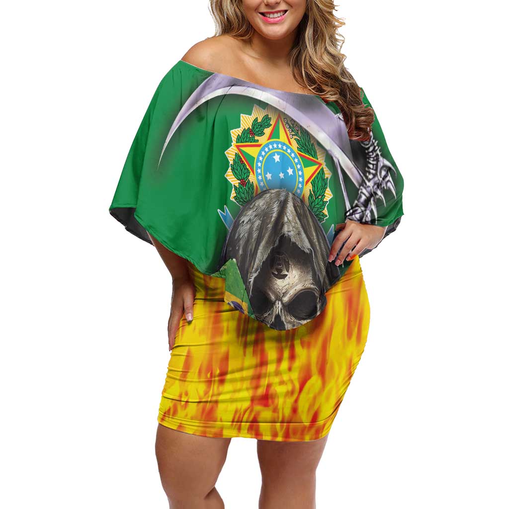 Brazil Hoodie Off Shoulder Short Dress Brazil Reaper Skull Fire - Wonder Print Shop