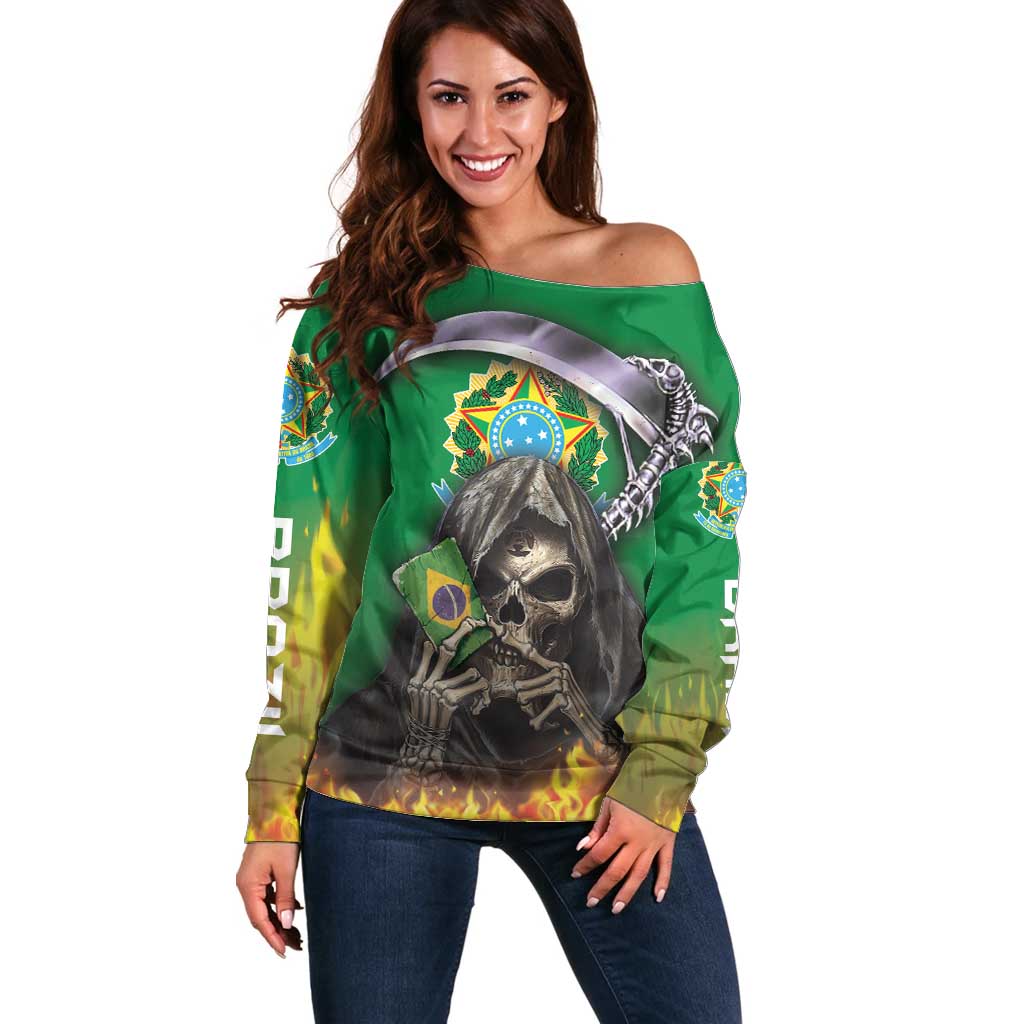 Brazil Hoodie Off Shoulder Sweater Brazil Reaper Skull Fire - Wonder Print Shop