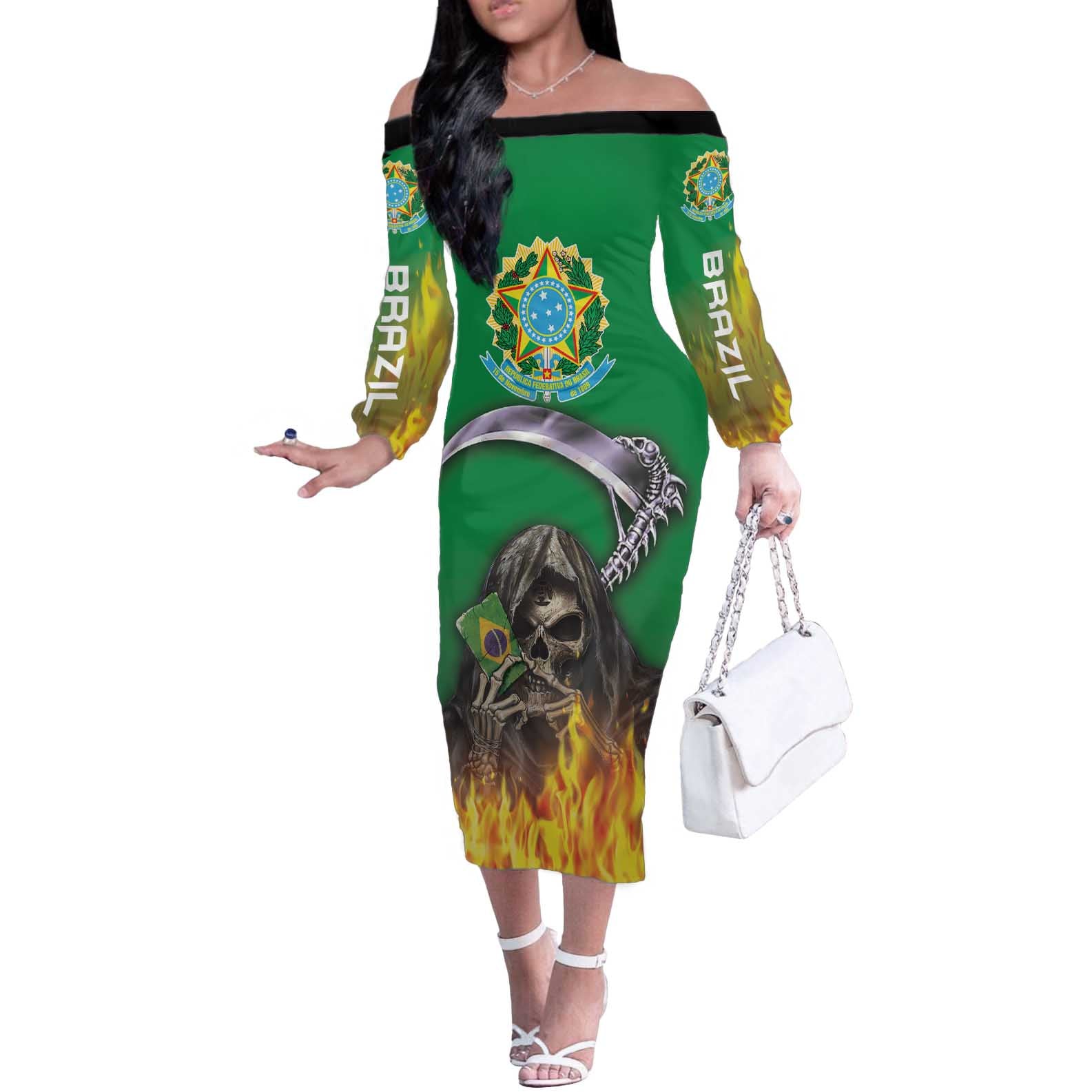 Brazil Hoodie Off The Shoulder Long Sleeve Dress Brazil Reaper Skull Fire - Wonder Print Shop