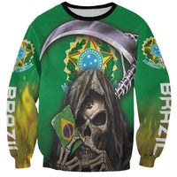 Green unisex hoodie with skull-and-fire graphic, Brazil emblem, and printed sleeve text