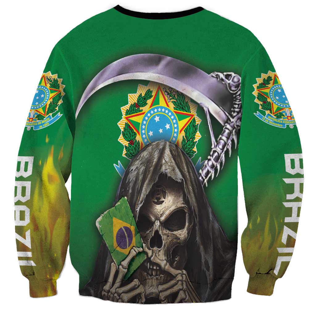 Green unisex hoodie with hoodless crew neck, skull portrait, Brazil shield emblem