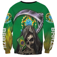 Green unisex hoodie with hoodless crew neck, skull portrait, Brazil shield emblem