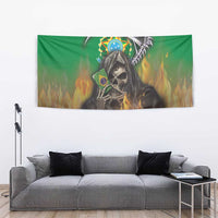 Green tapestry with grim reaper skull, Brazilian flag, and high-contrast flames