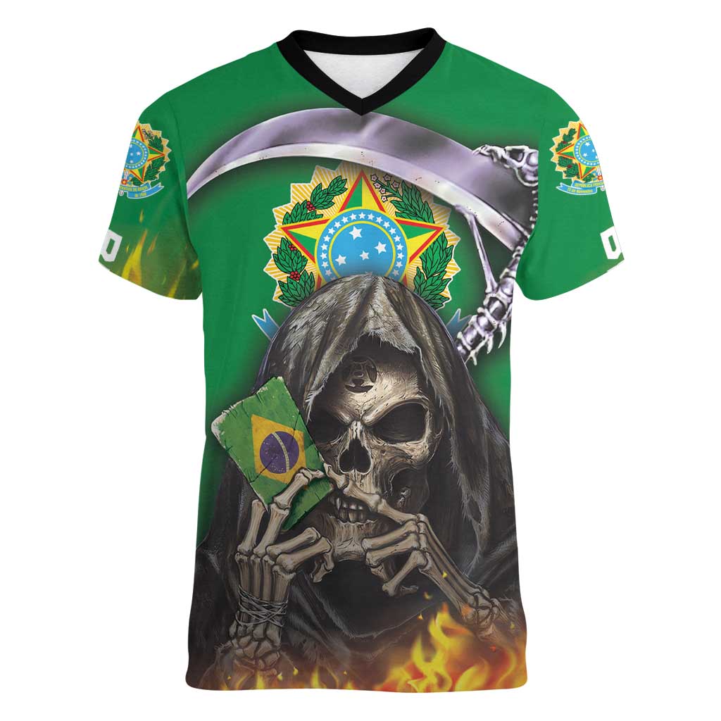 Brazil Hoodie Women V-Neck T-Shirt Brazil Reaper Skull Fire