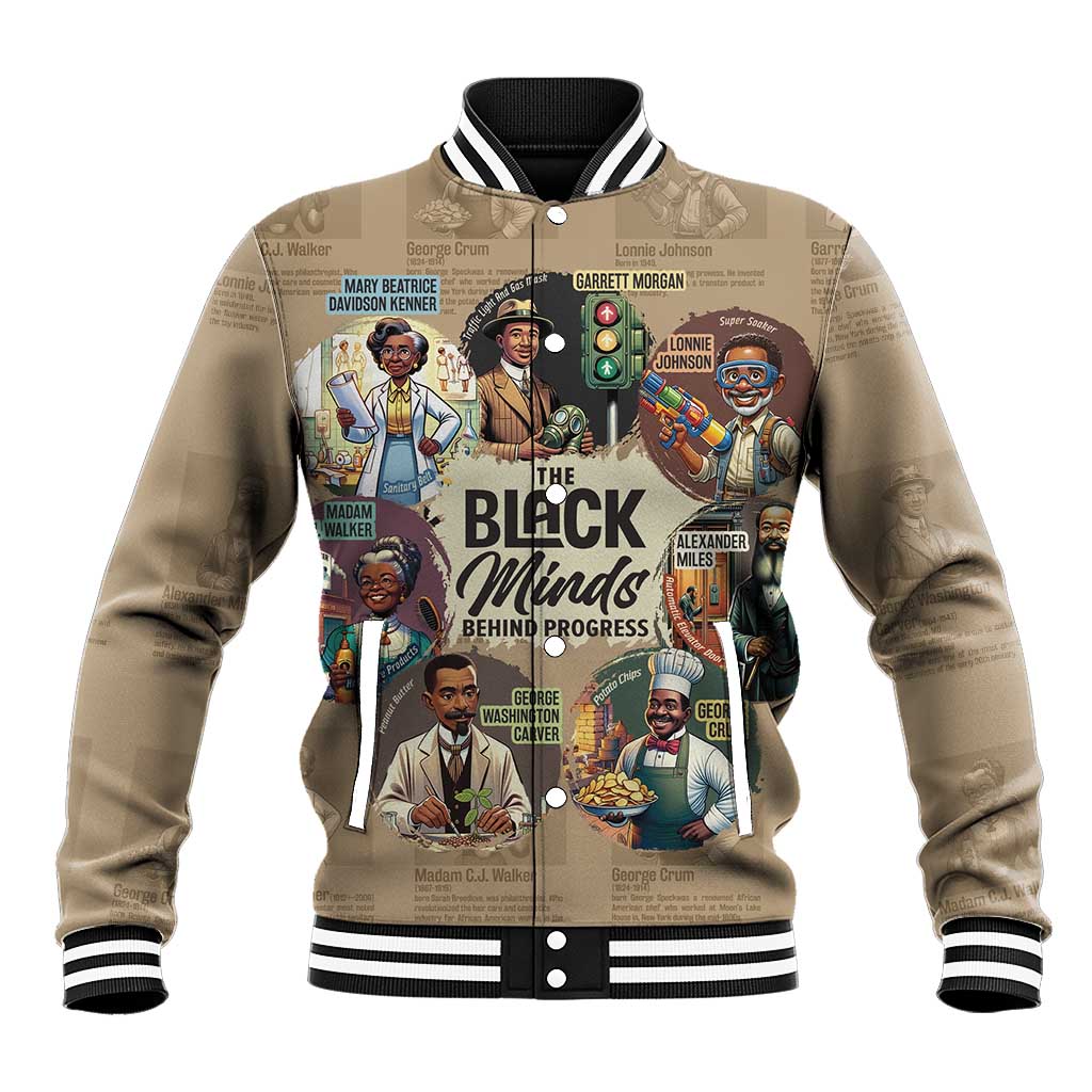 Beige baseball jacket with front graphic, striped black-and-white rib collar and cuffs