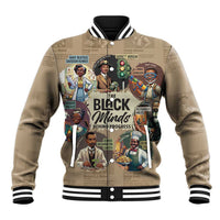 Beige baseball jacket with front graphic, striped black-and-white rib collar and cuffs