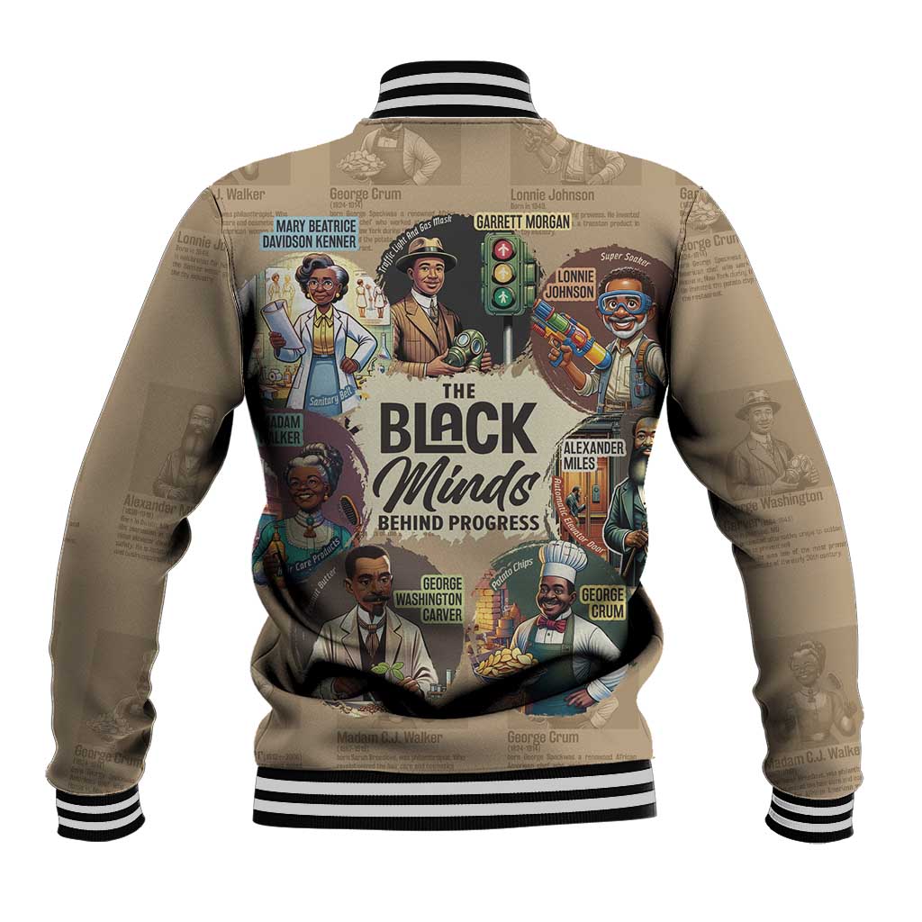 Beige baseball jacket with back graphic, striped rib collar and black-and-white cuffs